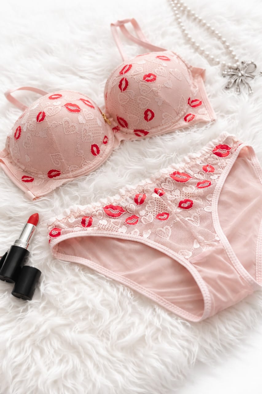 Trendy Kiss Print Bra & Panty Set – Stylish, Fun & Comfortable